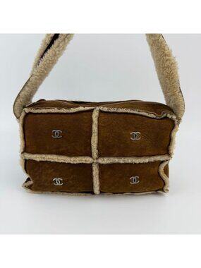 Chanel CC Logo Shoulder Bag Brown Shearling Suede Vintage
